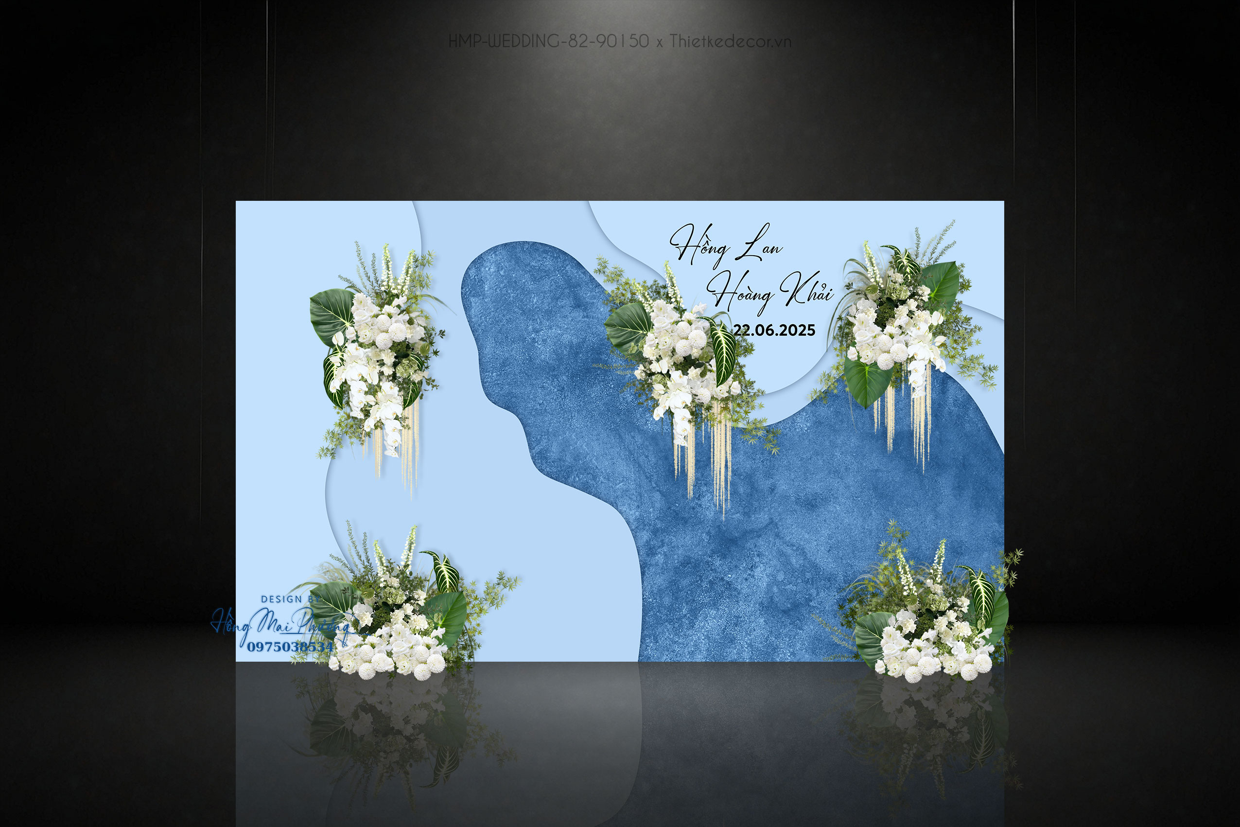 Backdrop checkin cưới tone xanh dương mix nền loang viền uốn lượn, có tách lớp